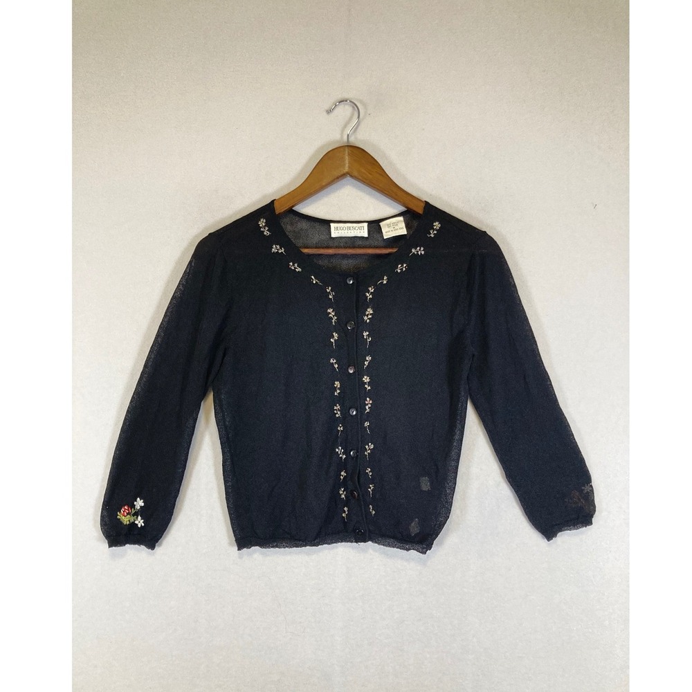 Cottagecore Hugo Buscati Women Medium Black Sheer Floral Embroidered Cardigan